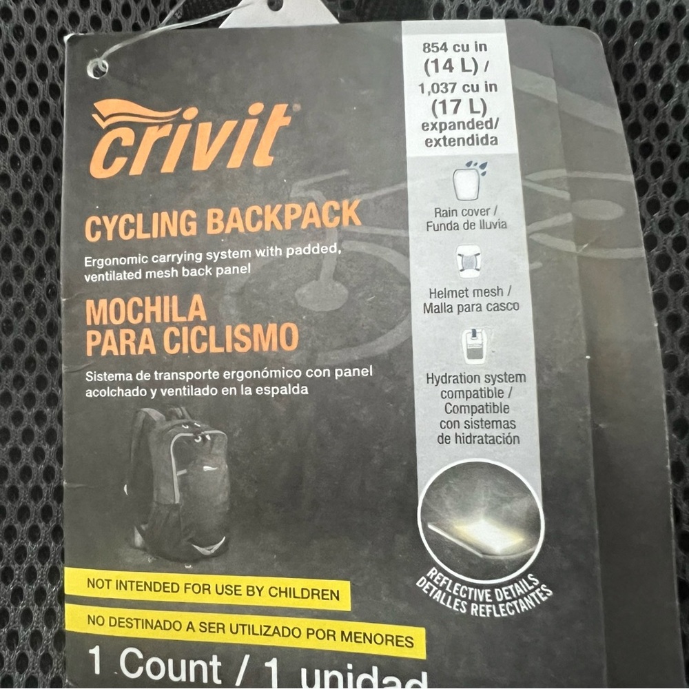 Crivit Cycling Black/Gray Backpack 14L Brand New with Tags - Picture 4 of 8